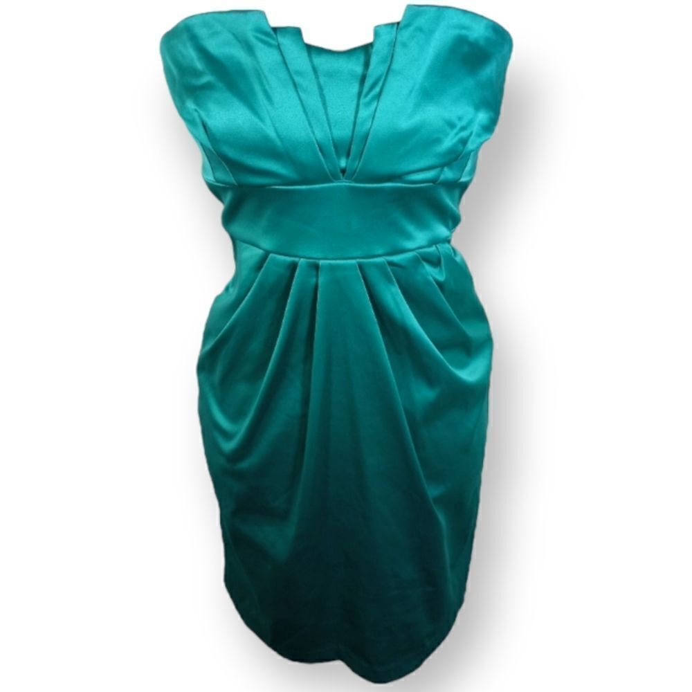 LOVE TEASE TURQUOISE SATIN STRAPLESS DRESS W/POCKETS SZ.11 EUC